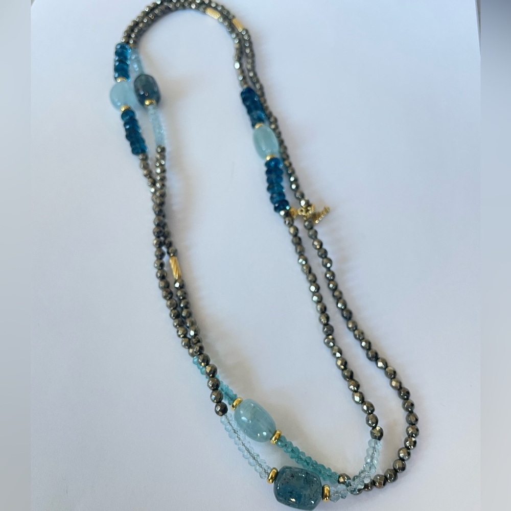 David Yurman 18k Tweejoux Necklace with aquamarine, blue topaz, & hematite beads - Picture 11 of 11